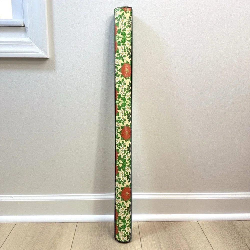 VTG‎ Christmas Wrapping Paper Roll Poinsettia Floral Holly Gift Wrap w/ Cutter